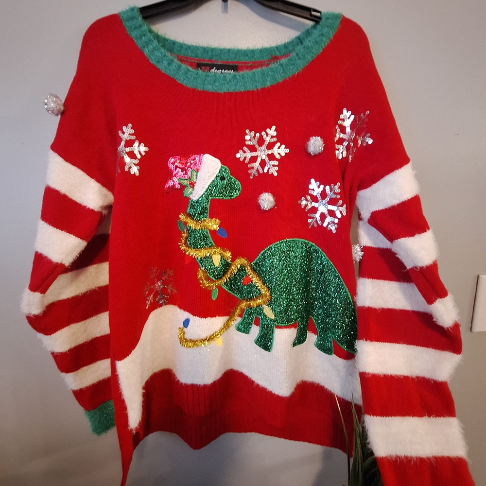 Festive Red Dinosaur Christmas Sweater